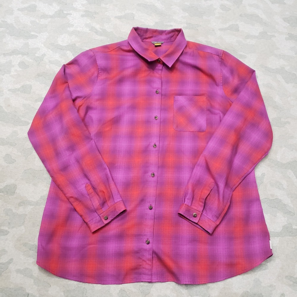 Eddie Bauer Top Womens XL Pink Flannel Plaid Long Sleeve Button Up Outdoor